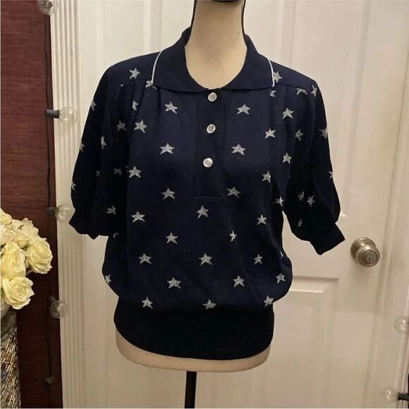 Mila Schon Tops - Mila Schon Navy Star Pattern Button Down knit polo Shirt, S